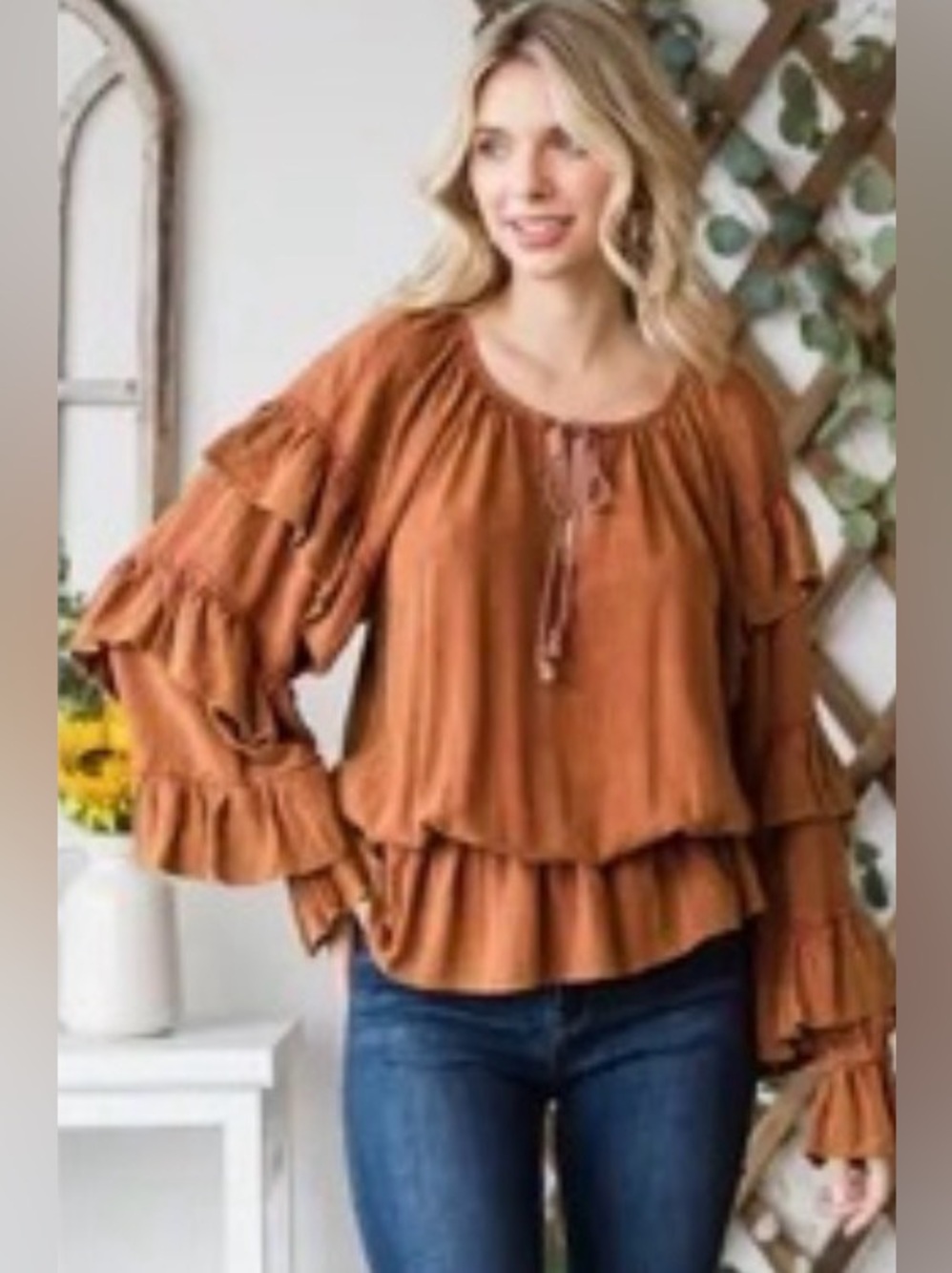oli & hali burnt orange ruffle sleeve shirt